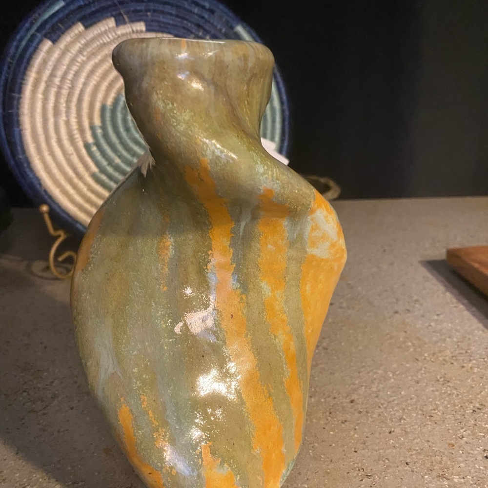 Artistic Green, Mustard Yellow, and Light Aqua Ceramic Vase